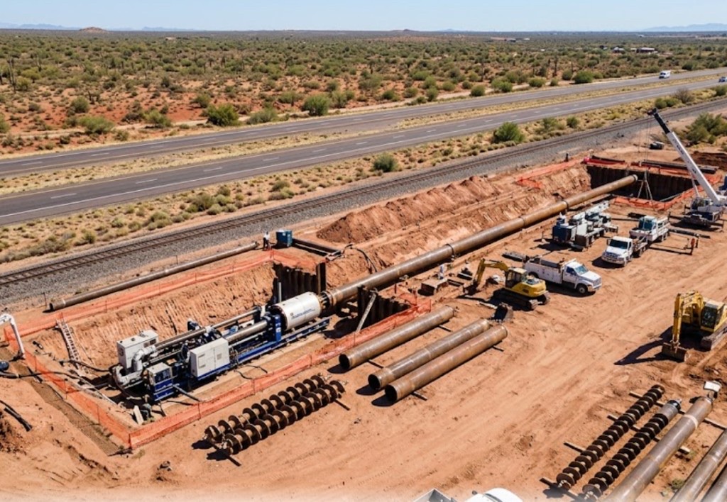 Directional drilling well pad with derrick, mud pits, and drill pipe staged in Arizona high desert