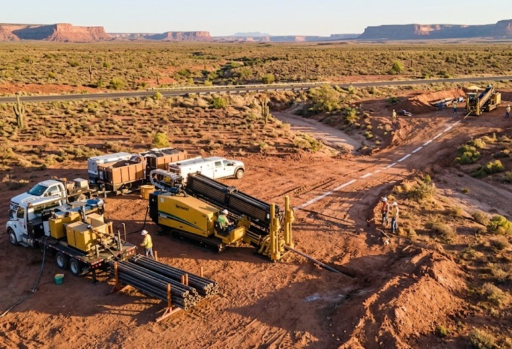 Directional drilling in Phoenix, AZ — aerial view of directional drilling spread above Sonoran Desert pumpjack rows in southeast Arizona