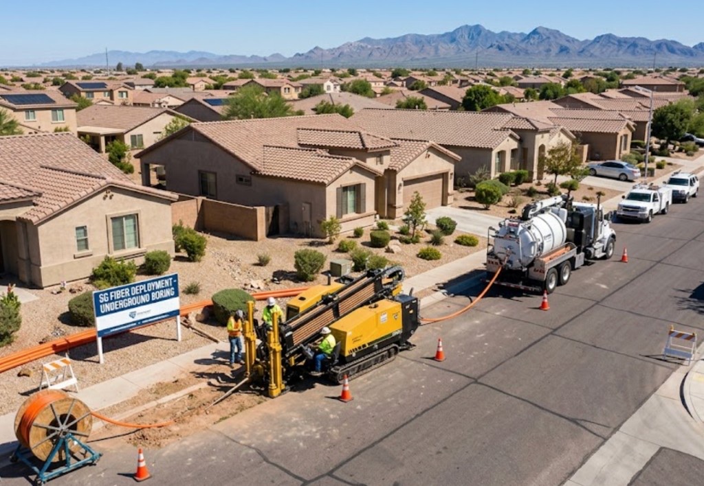 Vermeer directional drill with orange and yellow conduit spools on an open Arizona desert bore site
