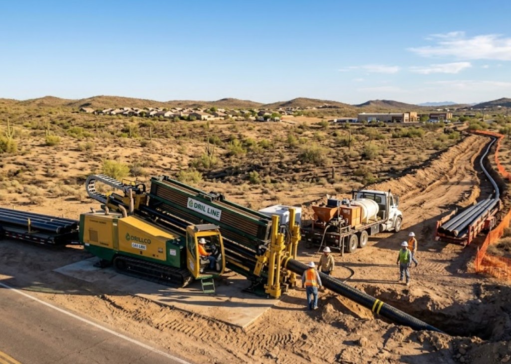 Directional boring process in Arizona — aerial view of Vermeer HDD rig, potable water truck, and staged utility pipe on a Arizona highway crossing site