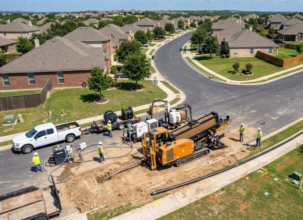 directional drilling rig installing underground utilities at a Arizona Pueblo-style residential home